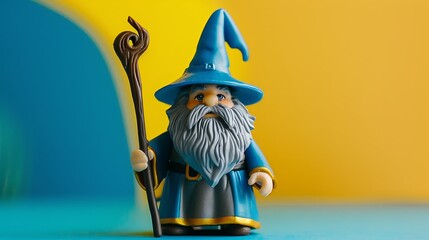 Wall Mural - A toy wizard with a magic staff on a blue and yellow background