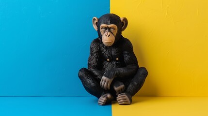 A toy zoo with a monkey on a blue and yellow background