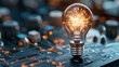 © nuengneng - Illuminated light bulb with sparks glowing on electronic circuit board, symbolizing innovation and creativity.