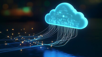 Poster - A glowing blue cloud with data flowing out of it, representing cloud computing and data storage.