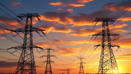 High-voltage electric tower silhouette at sunset, symbolizing power and tranquility