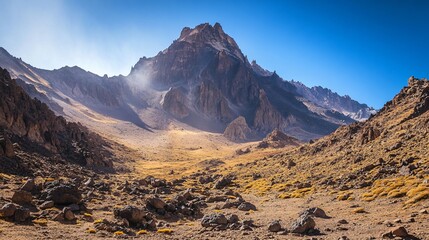 A steep, rocky mountain with a blue sky and sun shining down.