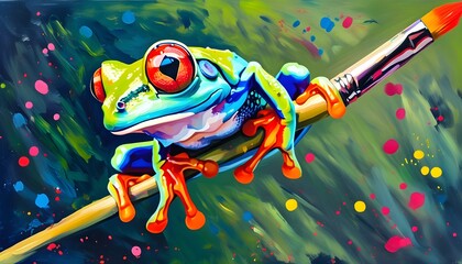 Vivid Tree Frog on a Paintbrush Amidst a Burst of Colorful Splatters in an Acrylic Masterpiece