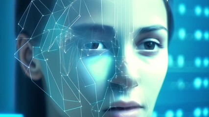 Poster - Software is analyzing woman's face for authentication and personal identification. Biometric verification and cyber security concept
