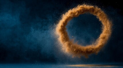 Poster - A shimmering circle of golden glitter particles floats effortlessly, creating a magical effect against a soft-focus dark blue background. The composition has ample copy space for text