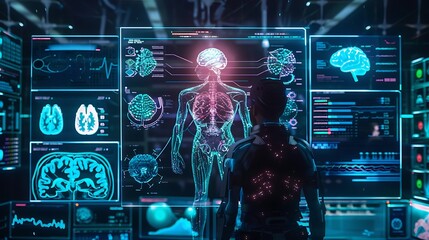 Poster - Futuristic medical setting with a person standing in front of multiple digital screens displaying  human anatomy and brain analysis.
