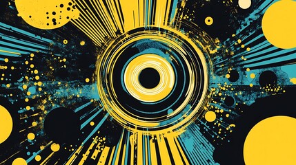 Poster - Abstract circular pattern with yellow, blue and black colors on a dark background.