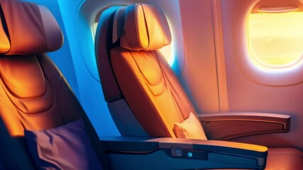 Poster - Modern airplane seats in warm sunset light, inviting and luxurious for passengers. Empty business class cabin seats glow stylishly for air travel