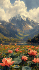 Poster - Pink lotus flowers bloom in a serene lake with a snow-capped mountain in the background.