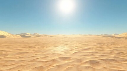 A vast desert landscape with rolling sand dunes under a bright blue sky.