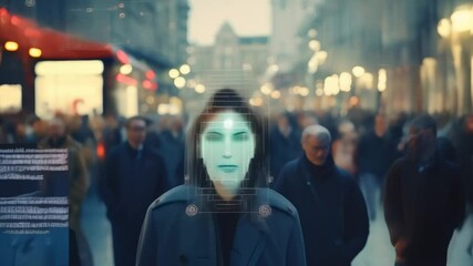 Poster - Woman is walking in a crowded city center as her face is being scanned by facial recognition software, highlighting concerns about privacy and surveillance