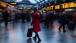 © Elmira - A woman in a red coat rushes through a crowded train station, pulling a suitcase behind her. Blurred commuters surround her, illustrating the intensity of business travel