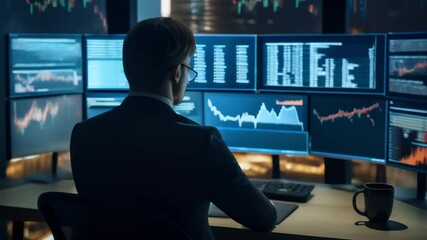 Poster - Stock market broker works late at night, analyzing charts on computer screens in an office with a dark cityscape backdrop