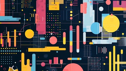 Poster - Colorful abstract illustration with geometric shapes and patterns. The design features a mix of bold colors, lines, circles, and squares, creating a dynamic and modern visual.
