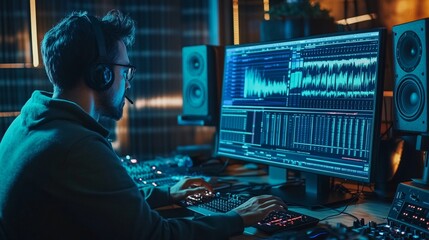 Music producer working late in dimly lit studio, focused on digital audio workstation screen, surrounded by equipment and speakers.