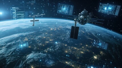 Canvas Print - a futuristic scene depicting a satellite swarm working together to collect data on climate change, s