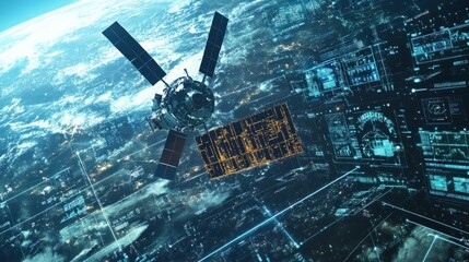 Canvas Print - a futuristic scene depicting a satellite swarm working together to collect data on climate change, s