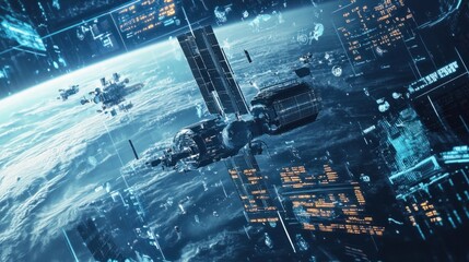 Canvas Print - a futuristic scene depicting a satellite swarm working together to collect data on climate change, s