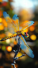 Sticker - A vibrant dragonfly with intricate wings perches on a twig.