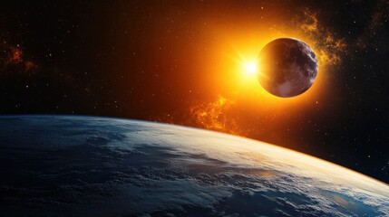 Wall Mural - a solar eclipse with the sun partially obscured by the moon, casting a dramatic shadow over earth