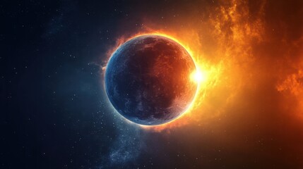 Wall Mural - a solar eclipse with the sun partially obscured by the moon, casting a dramatic shadow over earth