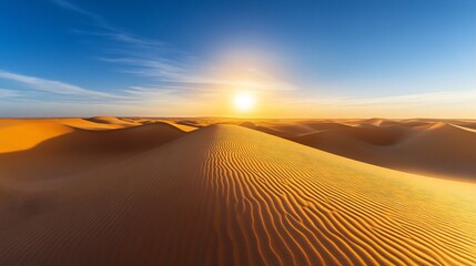 Sticker - Desert landscape with dunes under a blue sky and sun.