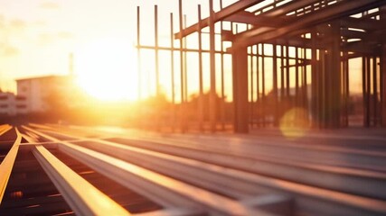 Aufkleber - Steel girders are stacked neatly at a construction site, waiting to be used as the building is assembled. The sun is setting in the background