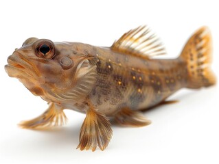 Mudskipper close-up, isolated on white background, detailed amphibious fish with spotted body, fins, and textured skin.
