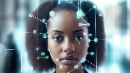 Aufkleber - Businesswoman uses face recognition software for enhanced security in the digital age, showcasing innovative ai in modern business practices