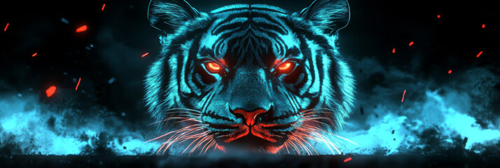 Canvas Print - A fierce tiger with glowing eyes set against a fiery background.