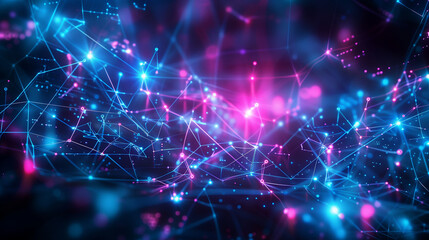 Poster - Abstract AI neural network with glowing nodes and digital pathways, resembling a brain's synapses, set against a dark, futuristic grid with blue and purple highlights.