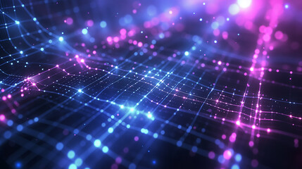 Fototapete - Abstract AI neural network with glowing nodes and digital pathways, resembling a brain's synapses, set against a dark, futuristic grid with blue and purple highlights.