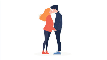 Poster - A charming cartoon of a young couple sharing a kiss, showcasing love through playful, colorful flat design.