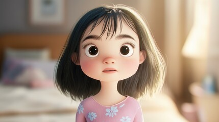 Canvas Print - A sweet little girl, age 23, dressed in pink, captured in a charming 2D animation style reminiscent of a beloved film.