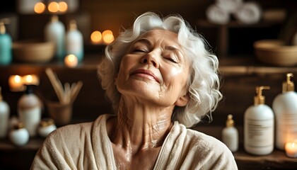 Wall Mural - Elderly woman indulges in relaxation surrounded by skincare products during a soothing spa pampering session