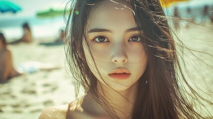 Poster - A charming college student enjoys a sunny day at the beach, radiating joy with her cute hairstyle and vibrant makeup.