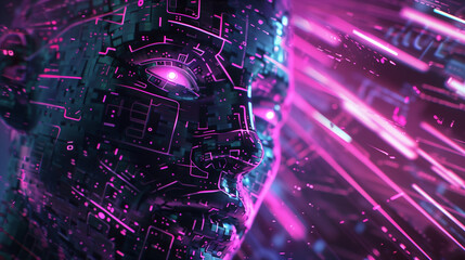 Poster - Cyber tech background featuring a metallic AI face emerging from a matrix of digital code, surrounded by glowing data points and circuits in a neon-lit setting.
