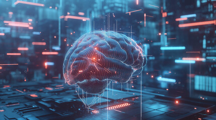 Poster - Holographic human brain with AI-driven circuits weaving through it, suspended in a futuristic blue space with floating data symbols and cyber elements.