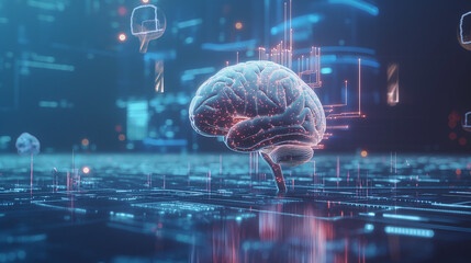 Poster - Holographic human brain with AI-driven circuits weaving through it, suspended in a futuristic blue space with floating data symbols and cyber elements.