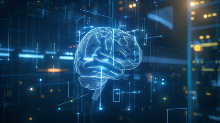 Poster - Holographic human brain with AI-driven circuits weaving through it, suspended in a futuristic blue space with floating data symbols and cyber elements.