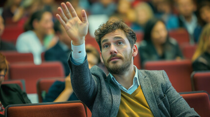 Poster - portrait of a businessman sitting in a seminar raising hand to ask a question