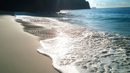 Wall Mural - Foamy waves crashing on a sandy beach in a tropical location.