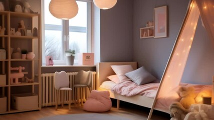 Poster - Warm and inviting girl's bedroom with a scandinavian aesthetic, featuring a teepee draped in fairy lights, creating a magical and cozy atmosphere