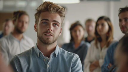 Poster - young entrepreneur or team leader talking in front of business people explaining his future plans to raise funding for the start up, public speaking or leadership concept