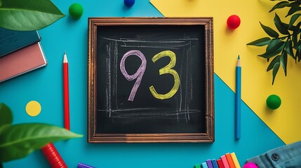 Learning the number 93 blackboard notebook pencil and learning accessories isolated on colorful background