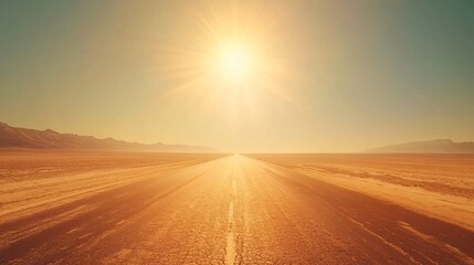 Sticker - Long straight road in desert landscape with sun shining brightly in the sky.