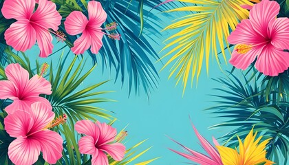 Wall Mural - Vibrant Tropical Hibiscus and Palm Leaves Creating an Exotic Design on a Bright Blue Background