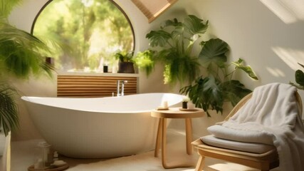 Poster - Sunlight streaming through a window illuminates a modern bathroom featuring a freestanding bathtub, lush greenery, and natural wood accents, creating a serene and inviting atmosphere