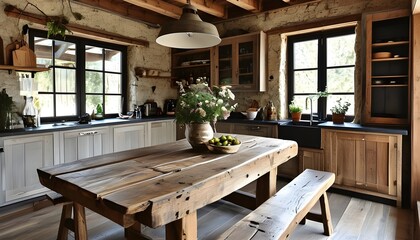 Wall Mural - Charming Rustic Wooden Table Enhancing a Contemporary Kitchen Design