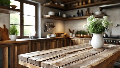 Wall Mural - Charming Rustic Wooden Table Enhancing a Contemporary Kitchen Design